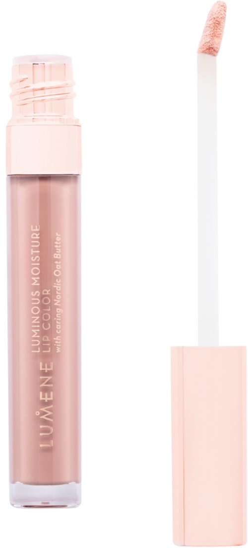 Ett rosa läppglansrör med applikator bredvid, märkt 'LUMIÈRE' och 'MOISTURE' på röret.