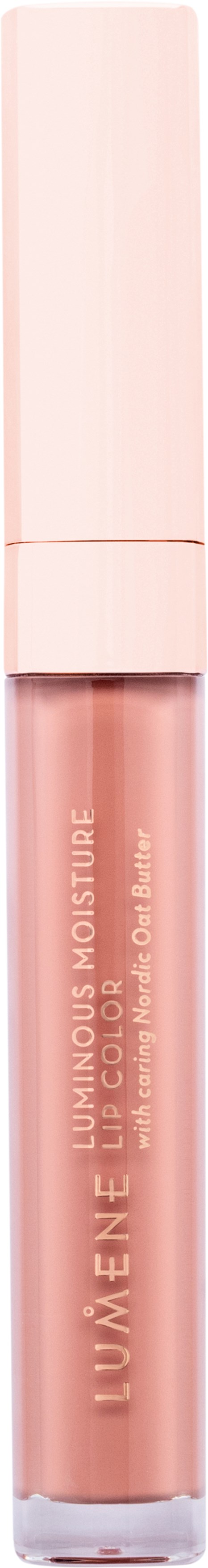 En tube flytande läppstift med rosa kork och glänsande nude-färg. Det står "LUMENE MOISTURE" på den.