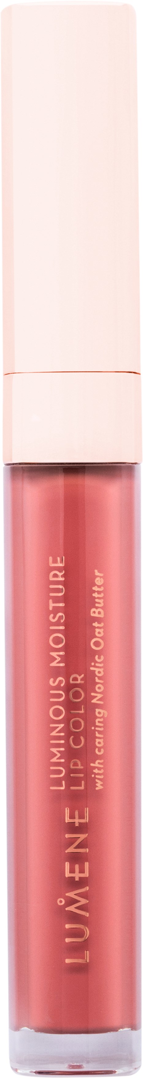 En läppglansrör med rosa nyans, vit kork och produktnamn på sidan.