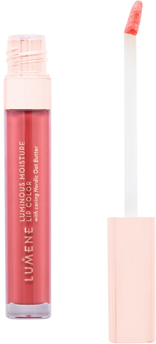 Lip gloss i ett rosa rör med en vit applikator. Etiketten säger Lumene och nämner fukt och färg.