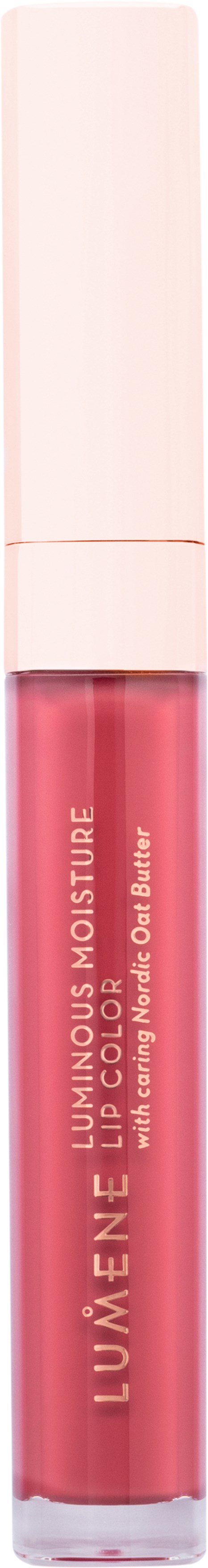 Ett läppglans med rosa färg och vit kork, märkt 'LUMENE MOISTURE' och 'LIP COLOR' på tuben.