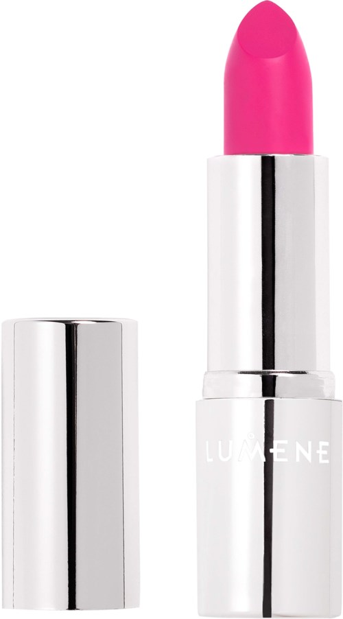 Ett rosa läppstift med silver- och vit förpackning, utan lock, visar läppstiftet inuti.