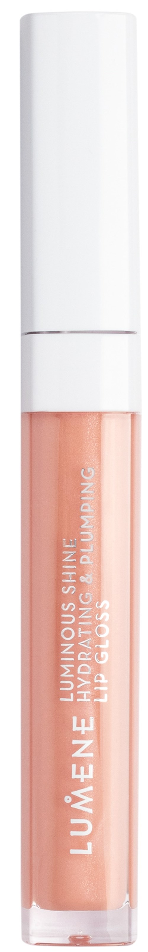 En leppglansrør med hvit hett, og ferskenfarget gloss inni, merket "LUMENE" og "HYDRATING LIP GLOSS."