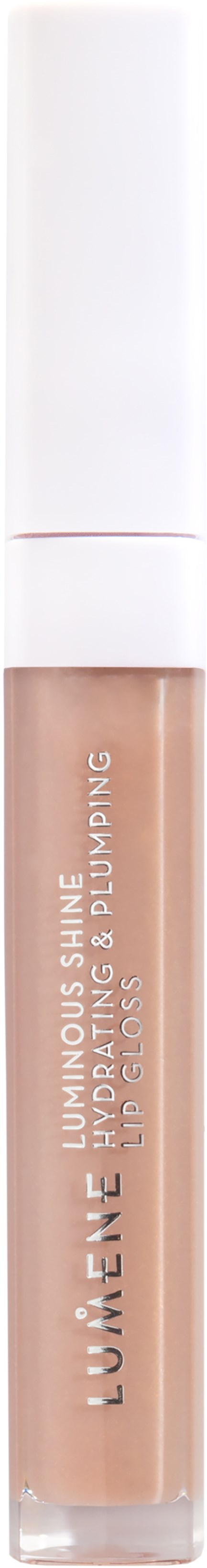 En leppe-glosses tube fra L'Oréal, merket 'Luminous Shine Hydrating & Plumping,' i en klar beholder med hvit lokk.