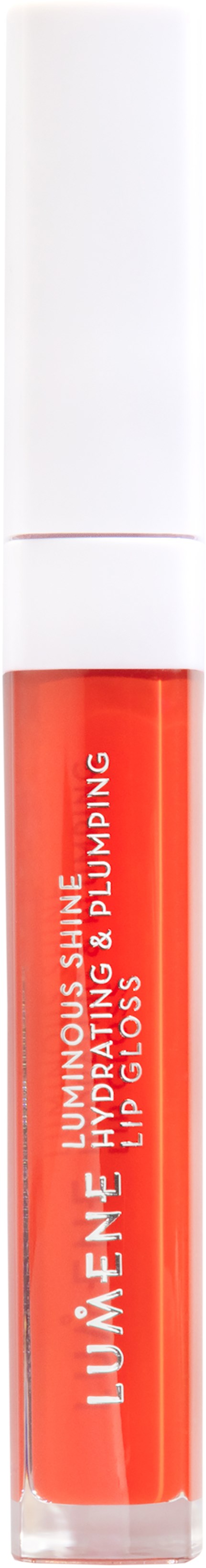 En leppeglansrør med hvit hette og oransje gloss inni. Merket er Lumene, og den gir en lysende glans.