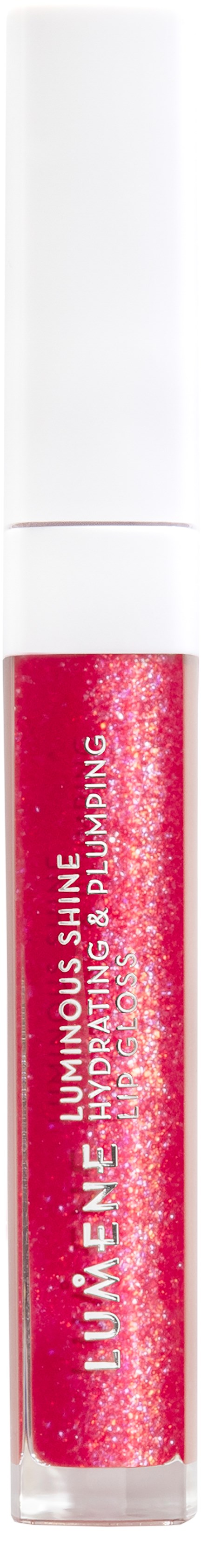 En rosa leppeglansrør med hvithet og rødt glitter inni. Den står 'LUMINOUS SHINE' på røret.