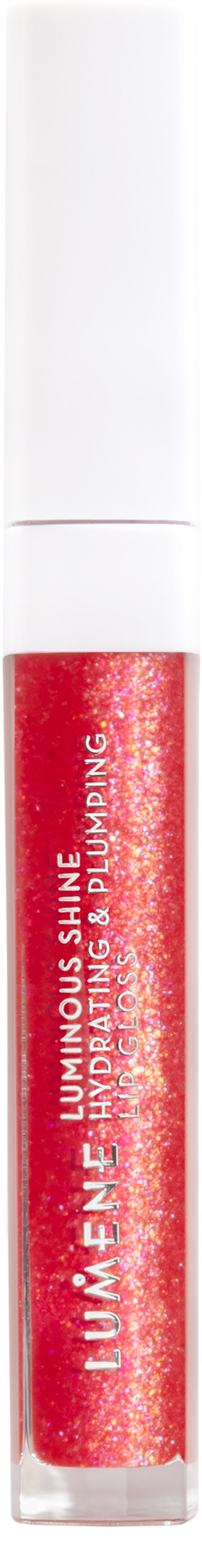 Leppeglansrør med rød glitter, hvit kapsel og ordene "Luminous Shine" på siden.