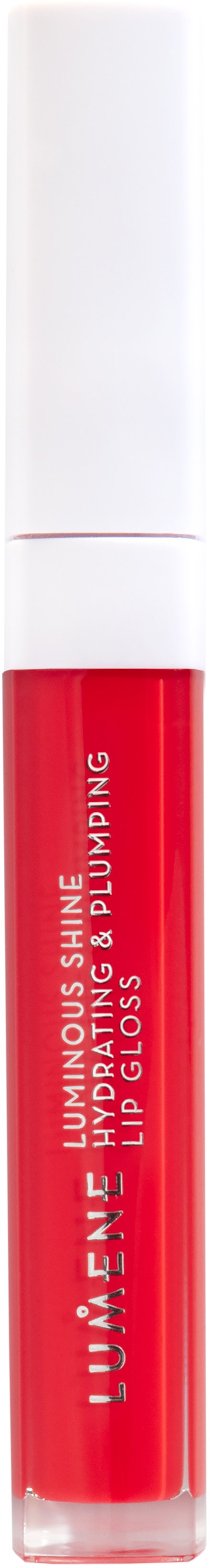 En rød leppglans i et gjennomsiktig rør med hvit hette. Teksten sier "LUMINOUS SHINE Lip Gloss".