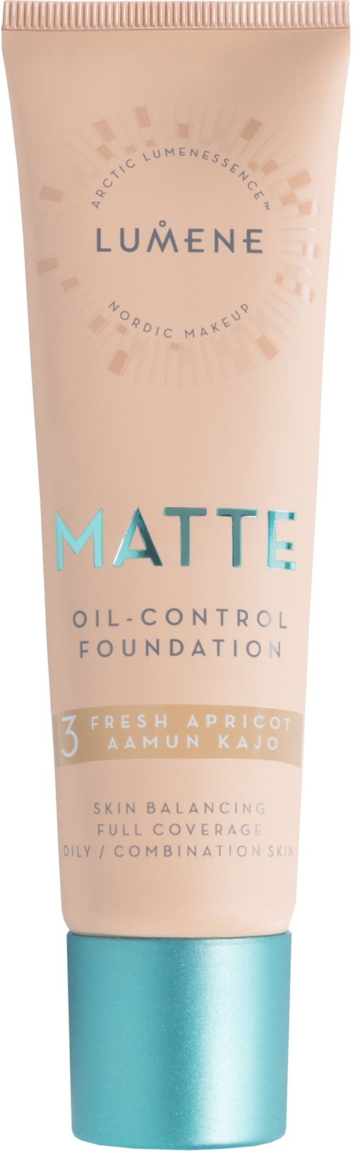 Beżowa tubka podkładu z niebieską zakrętką, oznaczona Lumene Matte Oil-Control Foundation, dla równowagi skóry i kontroli tłuszczu.