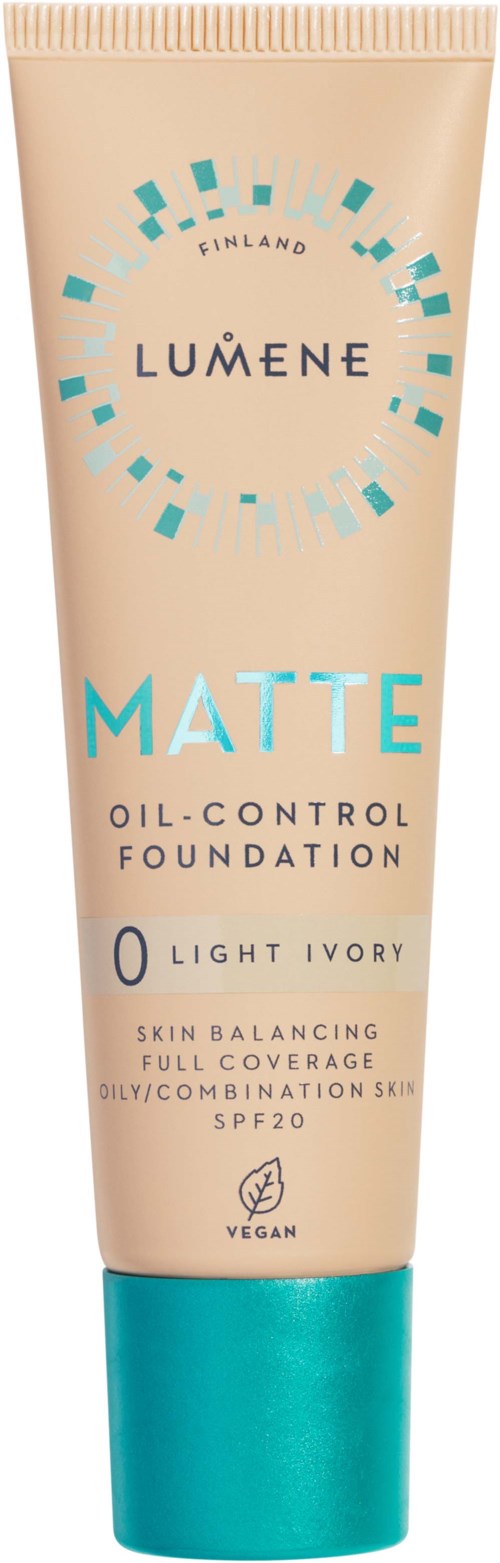 En tube af Lumene Matte Oil-Control Foundation i lys ivoire, designet til fedtet hud med fuld dækning og SPF20.