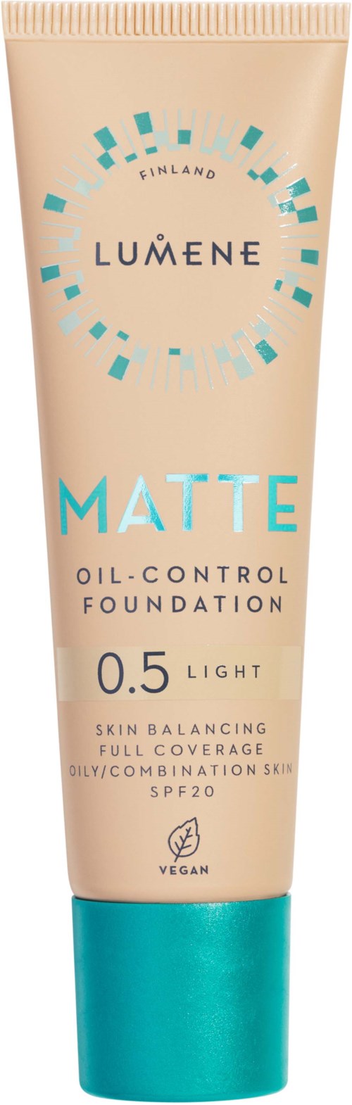 En tub med Lumene matt oljefri foundation märkt 0,5 ljust med SPF 20, för balansering av huden och full täckning.
