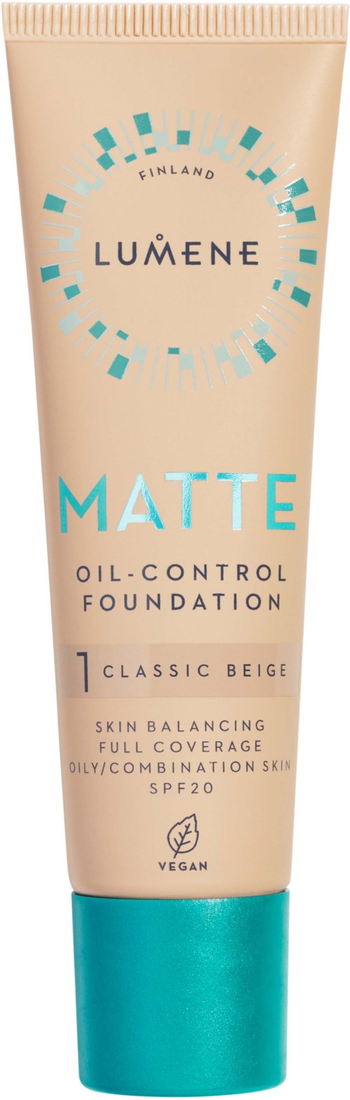 En beige tube av Lumene matt foundation med en turkos lock, märkt som oljekontroll, fulltäckning, SPF 20, vegansk.