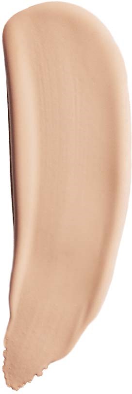 En provbit av beige makeupgrund på en vit bakgrund med en slät textur.