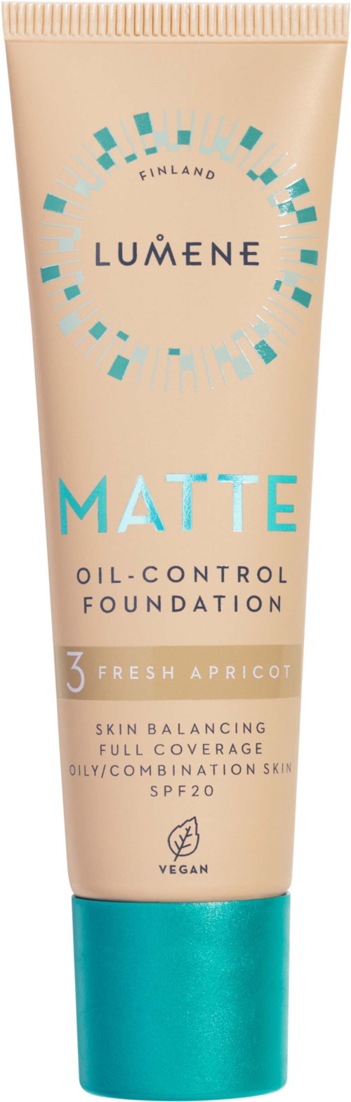 En beige tube med blå låg, mærket Lumene Matte Oil-Control Foundation med SPF20, til hudbalancering.