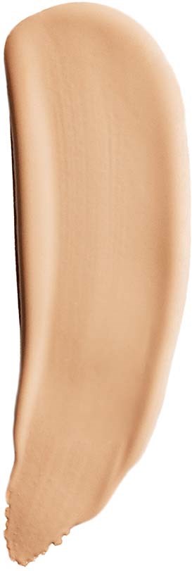 En beige, kurvad, lång makeupsvamp på vit bakgrund.