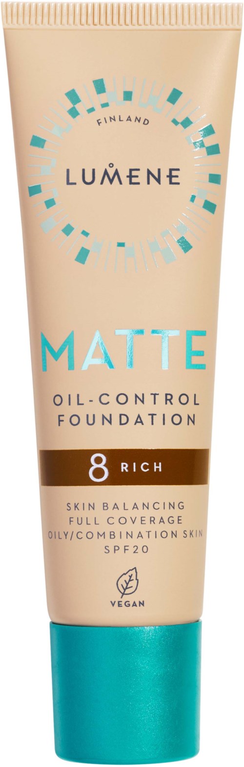En beige tub av Lumene matt foundation för oljekontroll, märkt med SPF20, nyans 8 rik och vegansk.