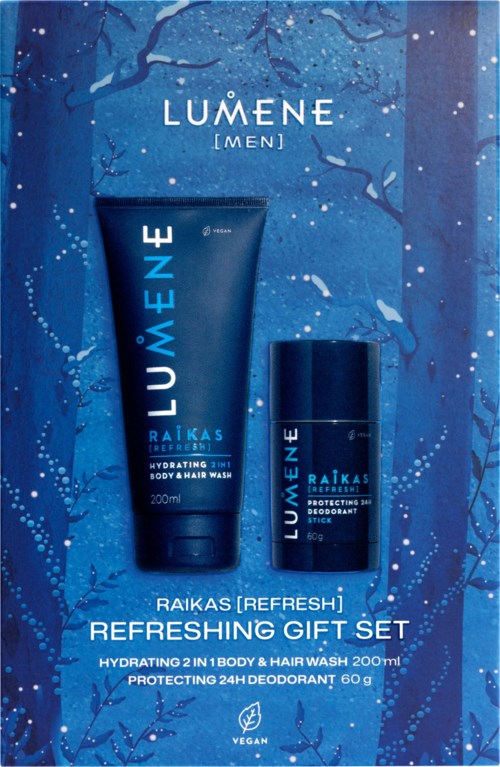 Lumene Raikas men's refreshing gift set with a 200ml hydrating body and hair wash and a 60g deodorant on blue winter background.