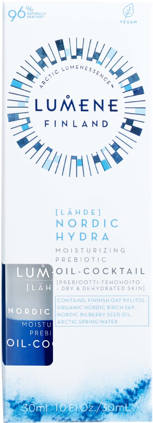 En hudvårdsproduktförpackning i blått och vitt med varumärket Lumene och ingredienser som Nordic Hydra.