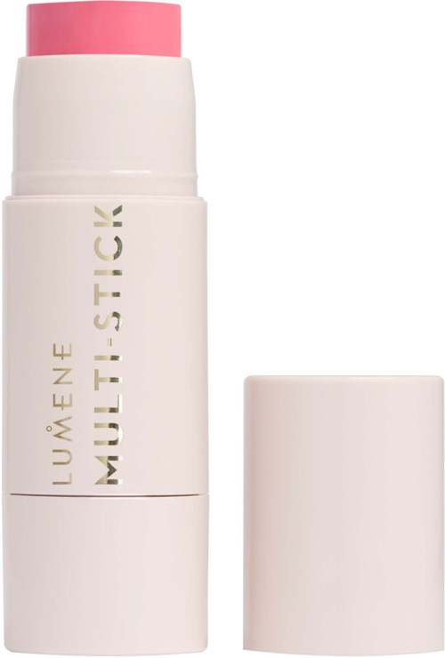 En vit och rosa läppstift med en avtagbar hatt, märkt 'LUMÈNE MULTISTICK'.