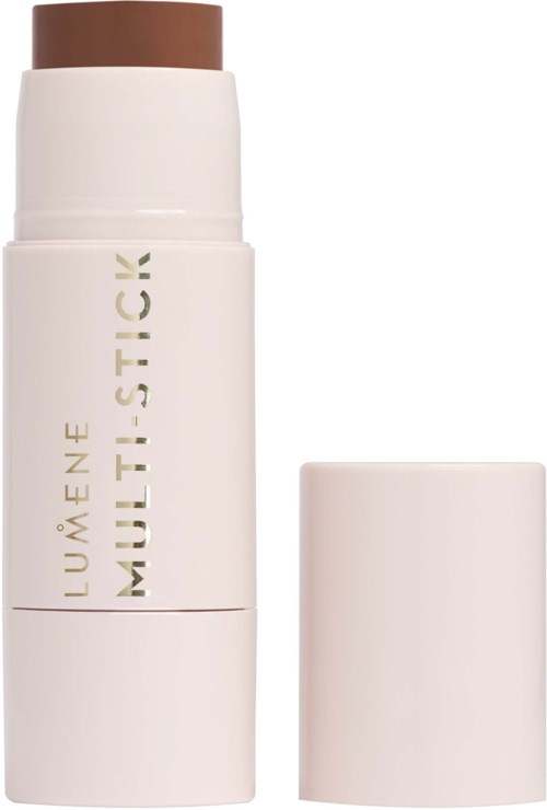 En hvid cylindrisk beholder med brun top, mærket "LUMÈNE MULTI-STICK."