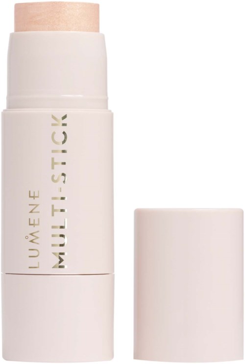 Ett vitt kosmetiskt stift med beige topp och avtagbart lock, märkt "LUMÉNE MULTI-STICK."