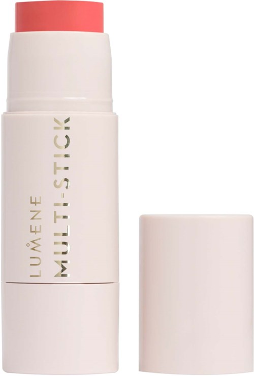 En vit deodorantbehållare med en rosa topp, märkt "LUMÈNE MULTISTICK" i guldletter.