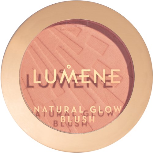 Kokoinen meikkipakkaus, jonka läpinäkyvässä kannessa näkyy vaaleanpunainen poskipuna, merkitty Lumene Natural Glow Blush.