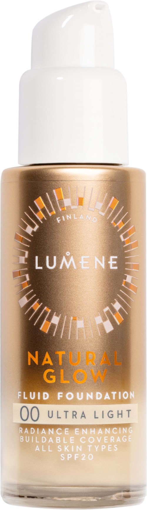 En flaska Lumene Natural Glow Fluid Foundation för alla hudtyper med SPF20, i en guldig och vit pumpflaska.