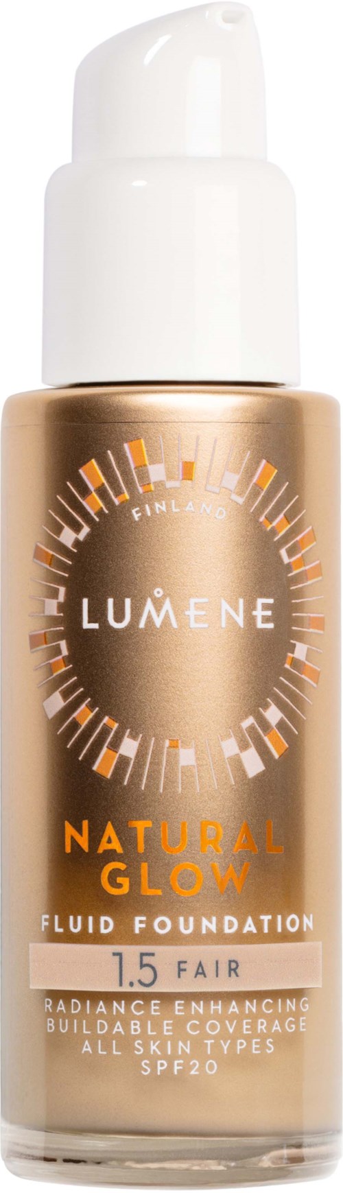 Eine Flasche Lumene Natural Glow Flüssigfoundation, SPF 20, für helle Haut, mit Pumpverschluss.
