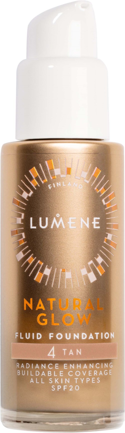 Lumene Natural Glow Flüssigfoundation in Farbton 4 Tan. Leicht, verbessert die Haut, aufbaubare Deckkraft, SPF 20.