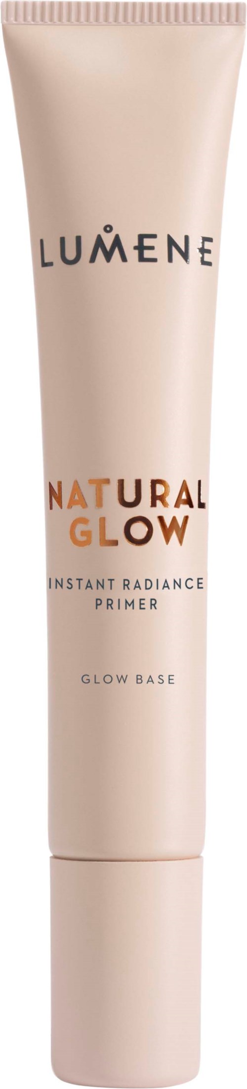 Beżowa tubka Lumene Natural Glow Instant Radiance Primer z białą nakrętką.
