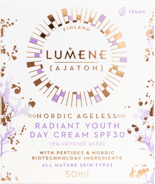 En hudvårdsprodukt för alla hudtyper med peptider, nordiska ingredienser, SPF-skydd, markerad som vegansk, 50 ml.