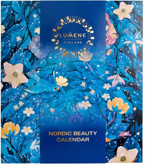 Lumene Finland Nordic Beauty Kalender omslag med blå blomsterbakgrund och guld- och vita detaljer.