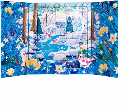 Vacker vinterscen med snöklädda träd, blommor och rosa fåglar, del av ett adventskalender.