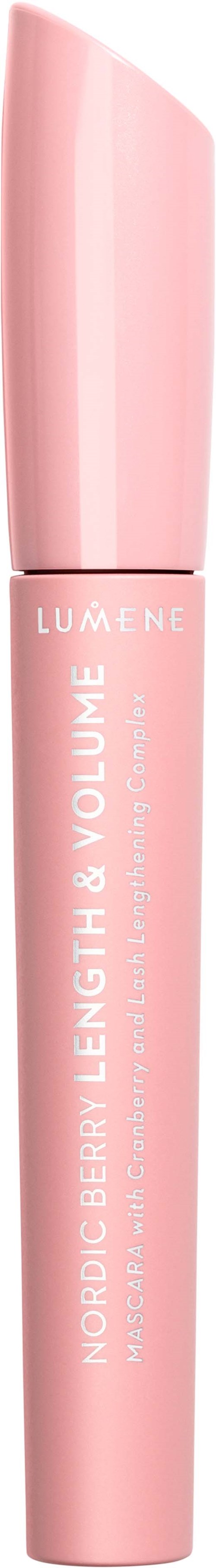 Rosa tube med kosmetikk, merket 'Nordic Berry, Length & Volume' av Lumene.