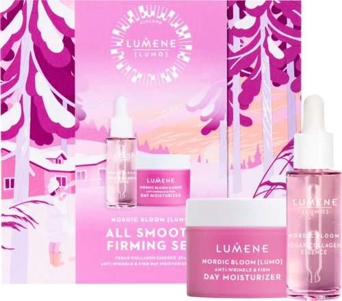 Et hudpleiesett med to flasker, en krukke og en rosa designet eske, alle med Lumene's Nordic Bloom-merke.