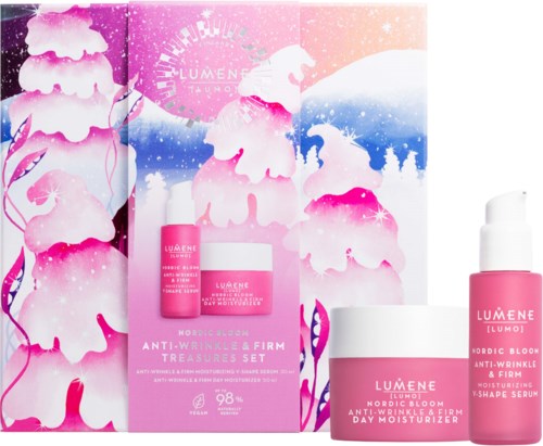 Rosa hudvårdsprodukter med snöflingor och nordiska element, märkta för anti-rynka och fasthet hudvård.