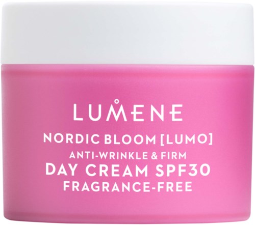 En rosa og hvit beholder av Lumene Nordic Bloom dagkrem med SPF30, uten parfyme, for anti-rynker og fasthet.