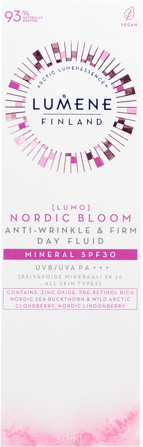 Etikette for hudplejeprodukt til Lumene Nordic Bloom Day Fluid med SPF30, med fokus på mod rynker, fasthed og mineraler.