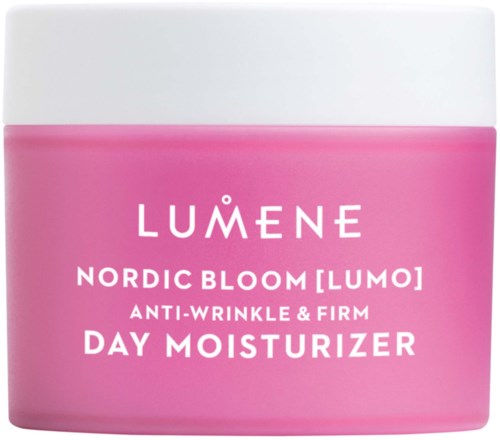 Krämbehållare märkt Lumene Nordic Bloom Day Moisturizer, för anti-rynka och fast hud.