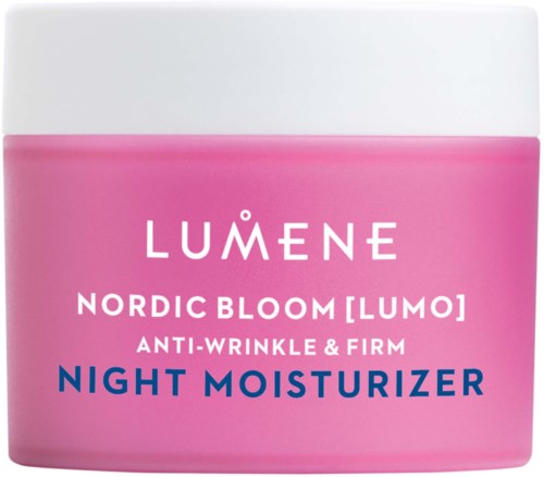 En rosa burk av LUMENE Nordic Bloom nightkräm med vitt lock, märkt som anti-rynkor och fast.