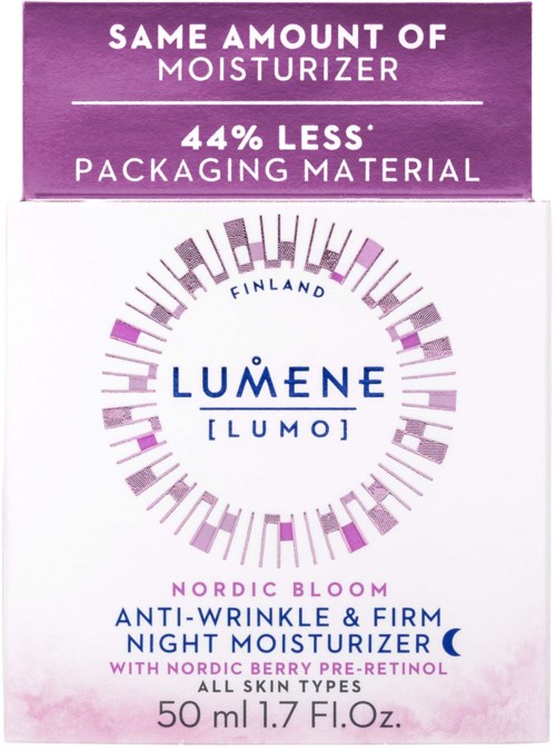 En etikett som visar hudvårdsprodukinformation, inklusive fuktkräm, minskning av förpackningsmaterial och ingredienser som bär pre-retinol.