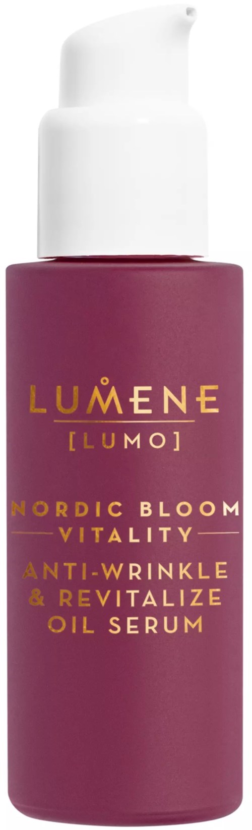 En lilla flaske med hvid pumpe mærket Lumene Nordic Bloom anti-rynkende olieserum.