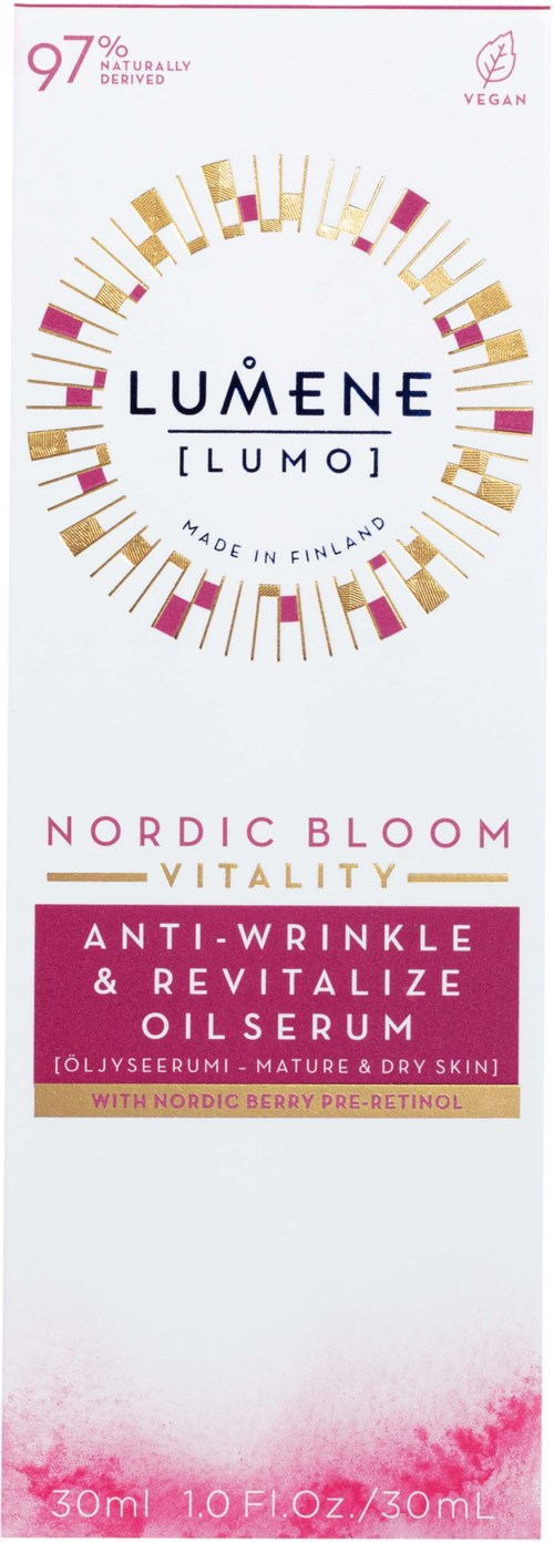 LUMENE ILUMOI Nordic Bloom Anti-Wrinkle Oilserum, designet til at vitalisere huden og reducere rynker med nordiske bær og peptider.