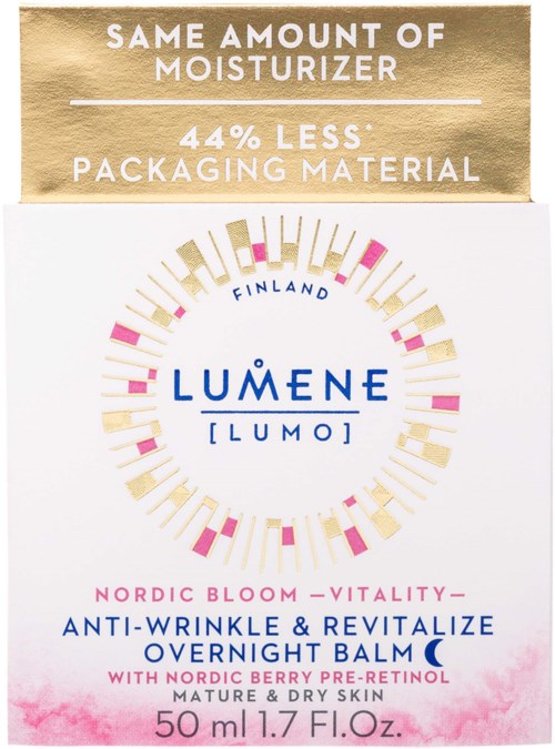 Produktet er en hudpleiebalsam kalt Lumene Nordic Bloom, ment for anti-rynke og hudfornyelse, i en 50 ml flaske.