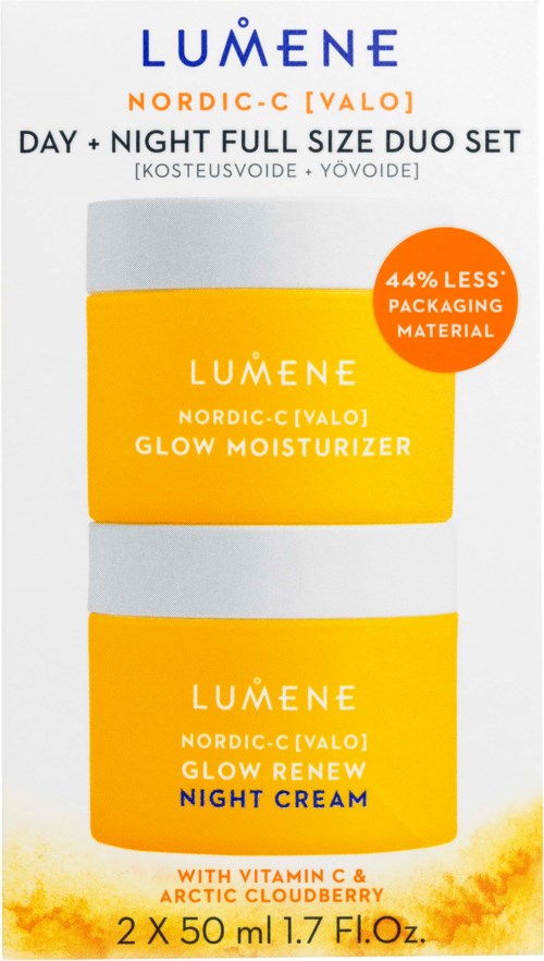 LUMENE-logo og produktemballasje med dag- og nattkremer i oransje og hvitt.