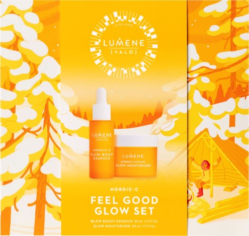 En lysende gul bakgrunn med Lumene Glow Set, inkludert glød-essens og fuktighetskrem, og en naturskjønn landskap.