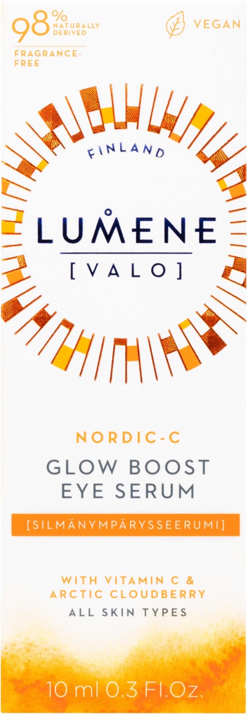 En pakke til Lumene hudplejeserum viser lyse farver, mærkenavn, produkttype og nøgleingredienser, egnet til alle hudtyper.