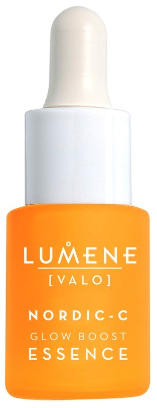 En liten orange flaska med vit kork och pipett, märkt Lumene Nordic-C Glow Boost Essence.