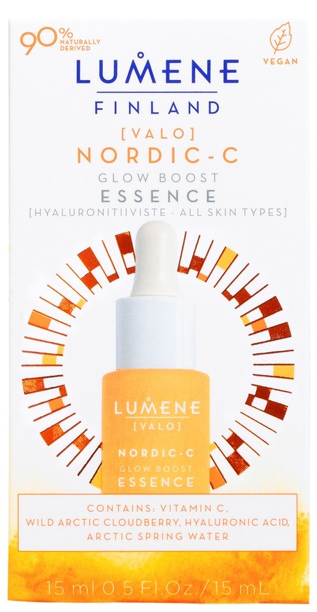 En hudvårdsprodukt som heter Lumene Nordic-C Essence, med en vit flaska och orange etikett, omgiven av ett solstråle-design.